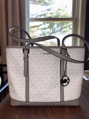 Michael Kors White & Taupe Signature MK Tote with Charm